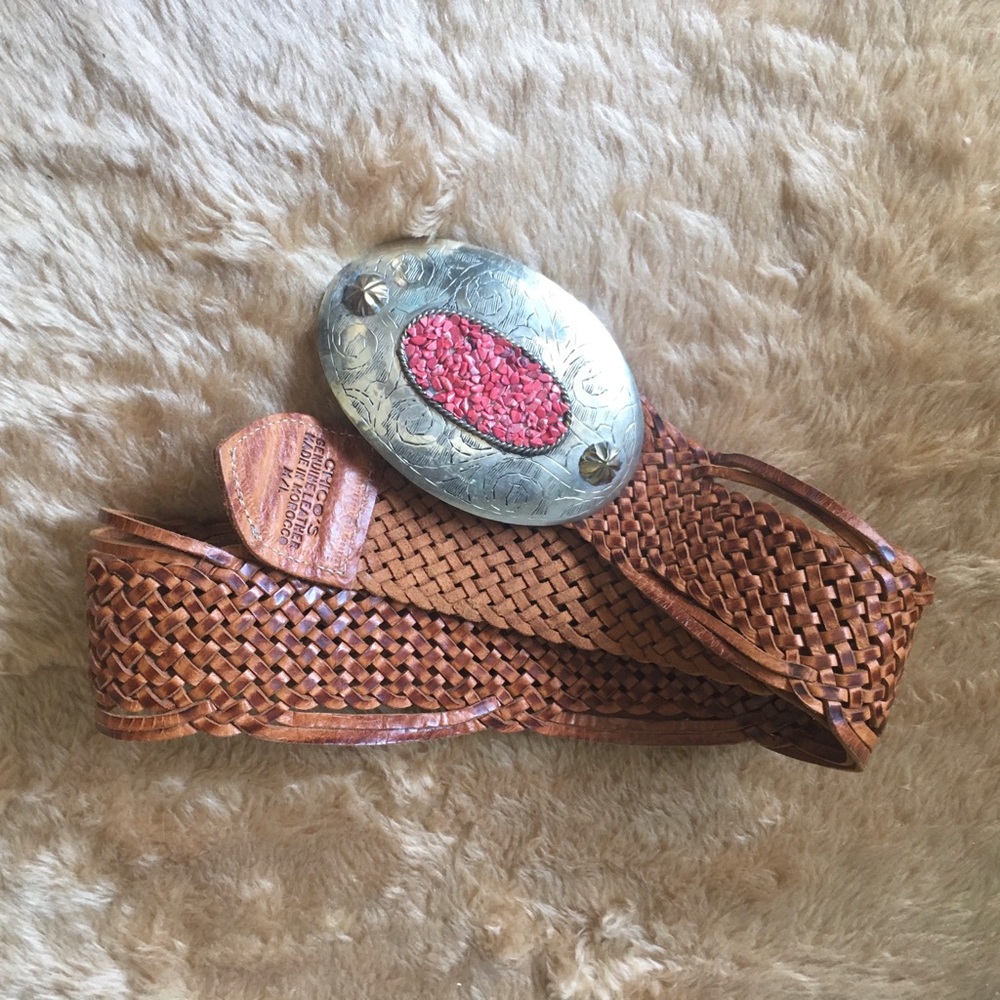 Chico's Tan Woven Belt with Silver and Red Buckle